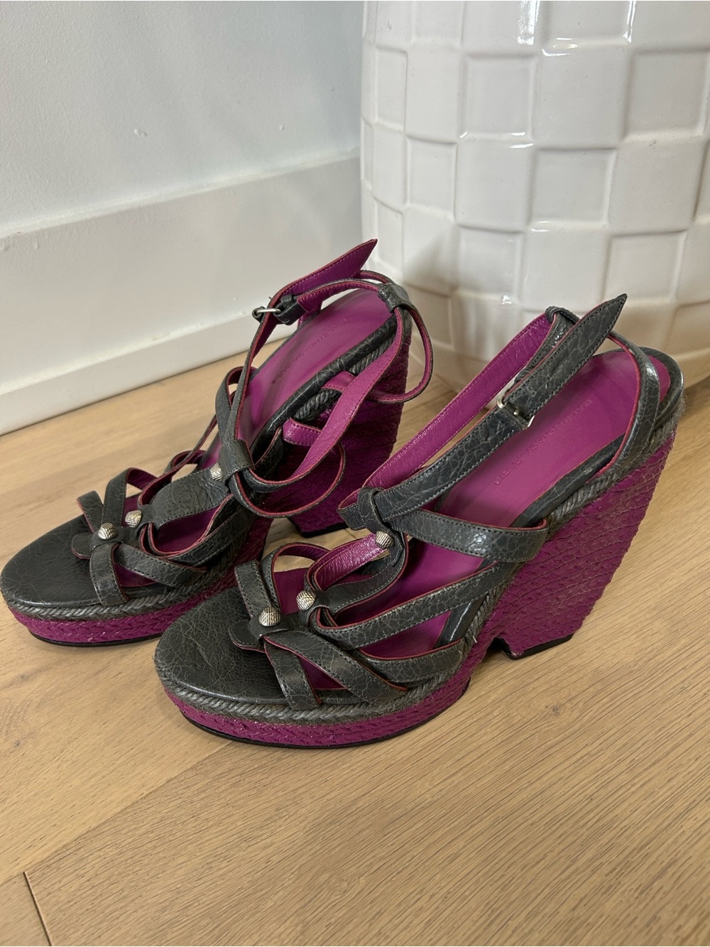 Balenciaga Purple (Fuchsia) and Black Wedge Sandals
